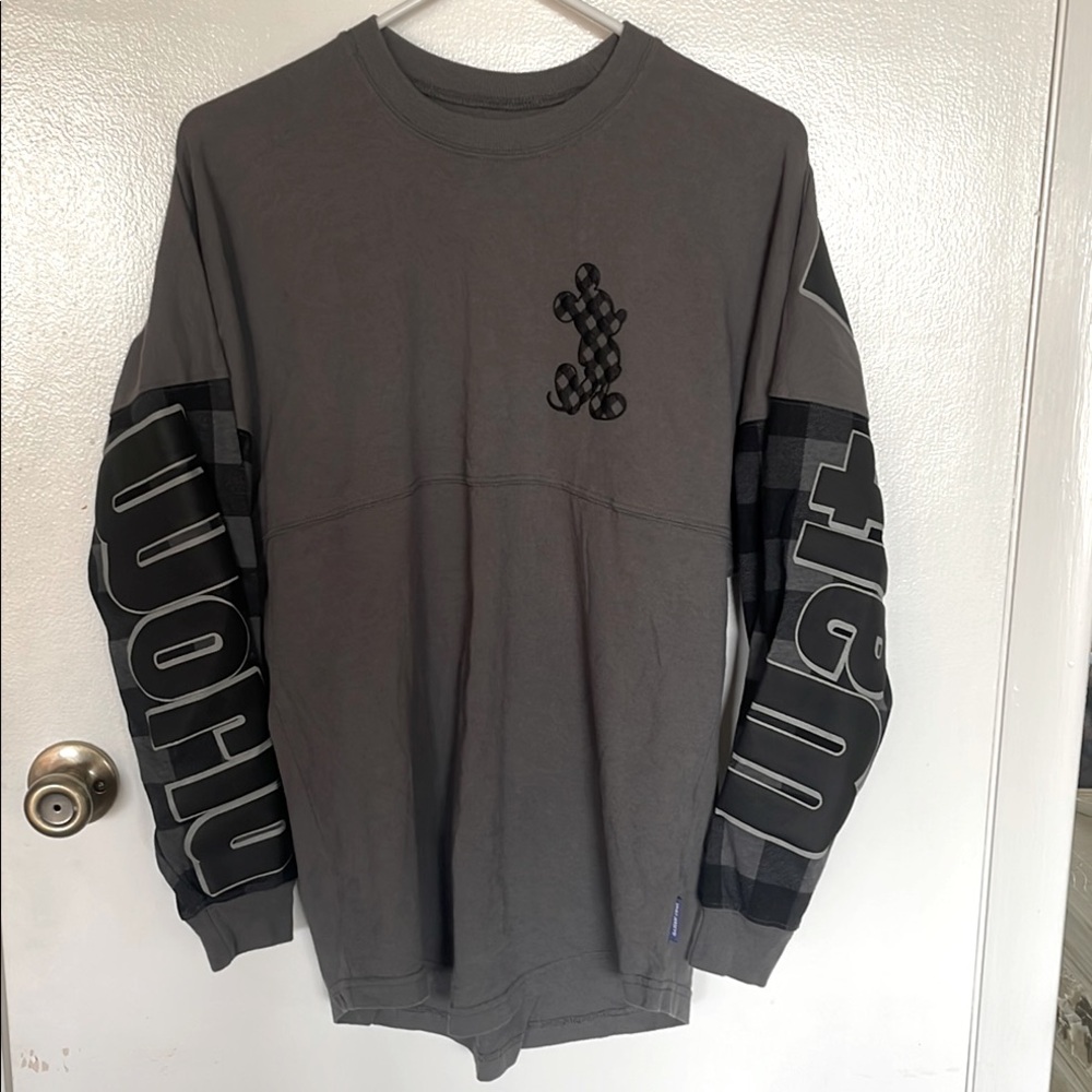 Rare Walt Disney World Gray Spirit Jersey Plaid Sleeves Puffy Letters SZ XS.
